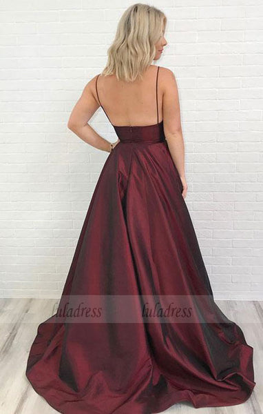 Charming Burgundy V-Neck Long Prom Dress with Pockets,Backless Evening Dress,BD99568