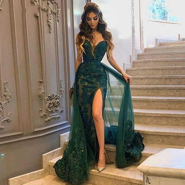 Sweetheart Tulle Side-Split Lace Appliques Mermaid Prom Dresses,BD93003