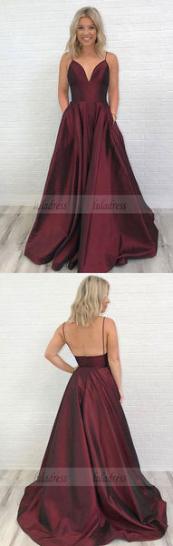 Charming Burgundy V-Neck Long Prom Dress with Pockets,Backless Evening Dress,BD99568