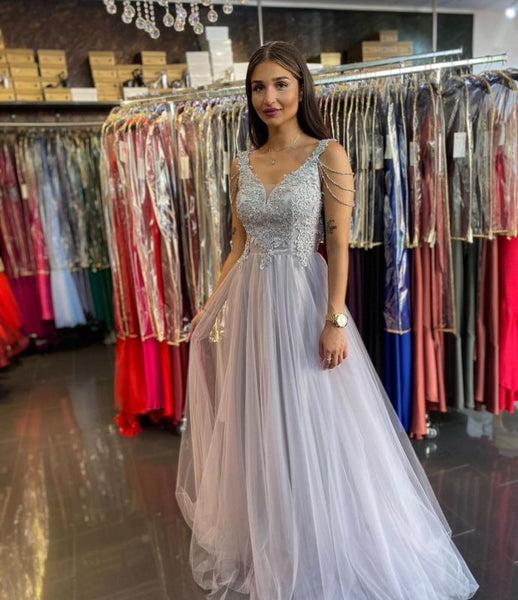 Women Long Silver Lace Sleeveless A-Line Prom Dresses,BD93031