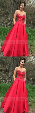 Satin Prom Dresses, Red A Line Prom Dress