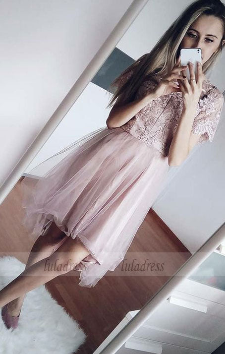 A-Line Short Sleeves Blush Homecoming Dress with Lace