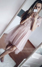 A-Line Short Sleeves Blush Homecoming Dress with Lace