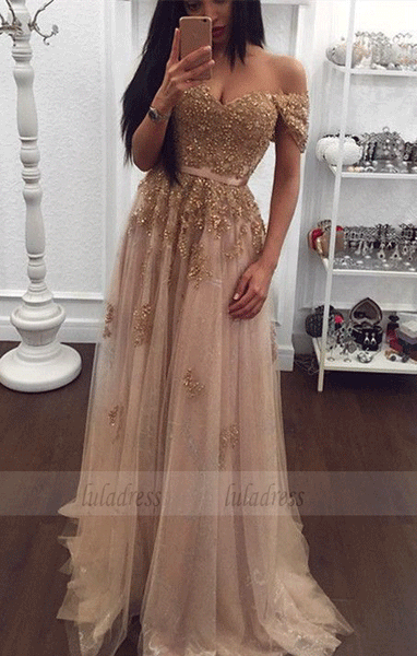 Beaded Sweetheart Tulle Prom Dresses Off-the-shoulder Evening Gowns,BD99698