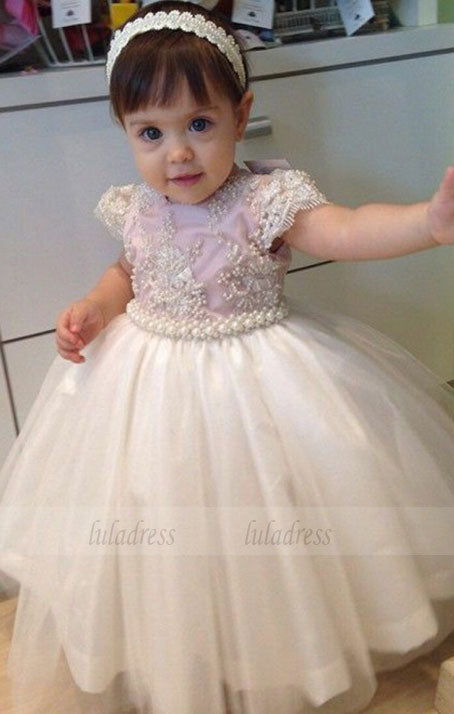 Ball Gown Round Neck Cap Sleeves Light Pink Tulle Flower Girl Dress with Pearls