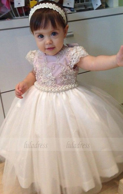 Ball Gown Round Neck Cap Sleeves Light Pink Tulle Flower Girl Dress with Pearls