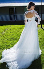 Elegant Jewel 3/4 Sleeves Lace-up Court Train Wedding Dress with Appliques Bowknot