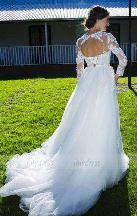 Elegant Jewel 3/4 Sleeves Lace-up Court Train Wedding Dress with Appliques Bowknot