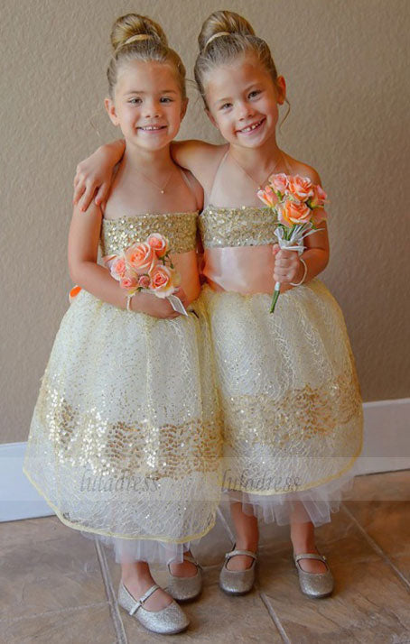 Ball Gown Spaghetti Straps Lace Flower Girl Dress with Sequins