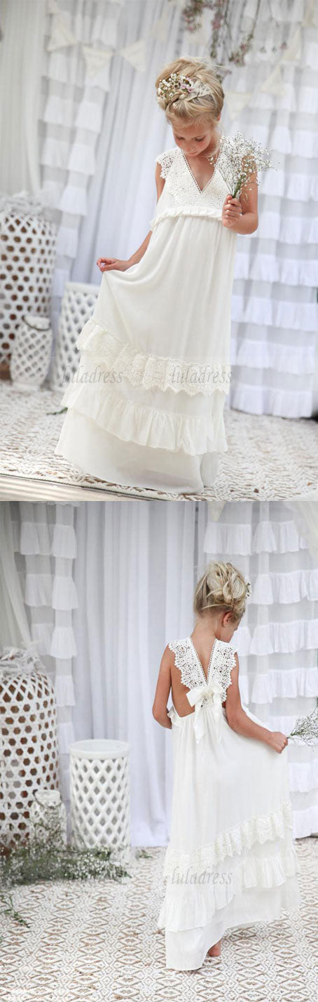 V-neck Long Lace Chiffon Flower Girl Dresses