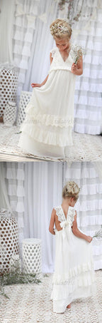 V-neck Long Lace Chiffon Flower Girl Dresses