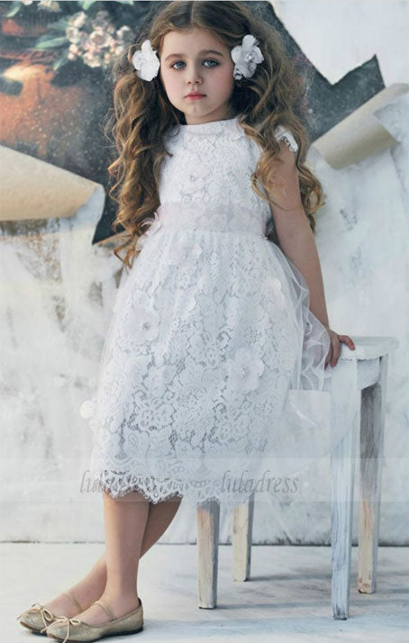 White Cap sleeves lace dresses Scoop Sash Tea Length Tulle girl dress