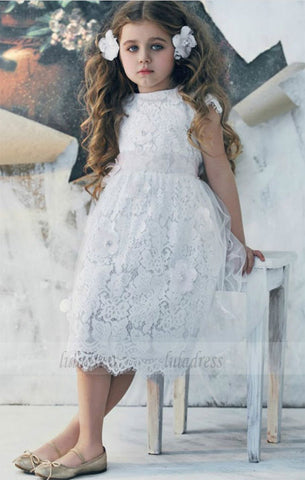 White Cap sleeves lace dresses Scoop Sash Tea Length Tulle girl dress,BD99740