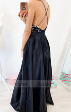 A-Line Spaghetti Straps Backless Floor-Length Black Prom Dress with Lace