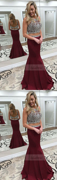 Two Piece Crew Backless Sweep Train Burgundy Prom Dress with Beading,BD99556