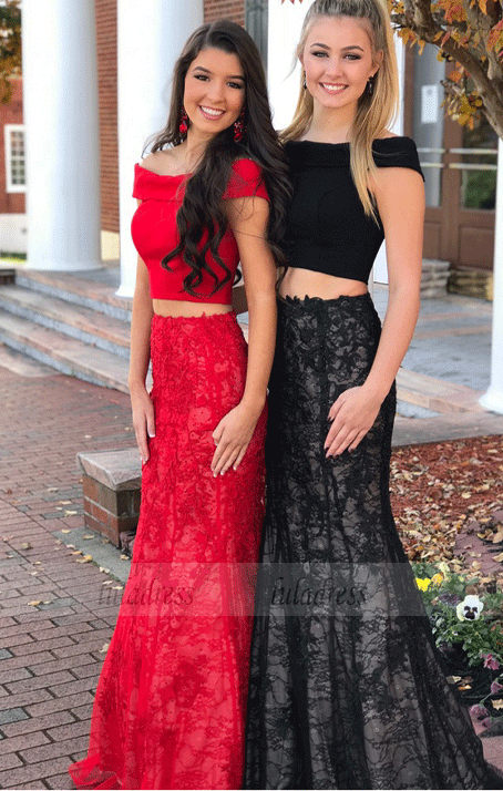 Off Shoulder Prom Dresses,Two Pieces Mermaid Style Lace Open Back Evening Dresses,BD99534