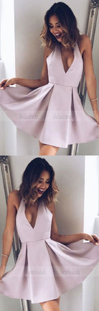 Cute V Neck Lilac Short Prom Dress,A Line Homecoming Dress,Halter Backless Party Dress