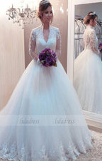 V Neck Ball Gown Wedding Dress with Long Sleeves