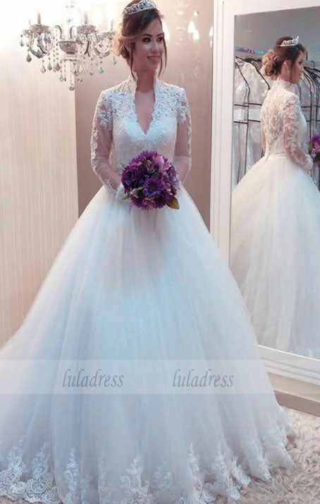 V Neck Ball Gown Wedding Dress with Long Sleeves,BD99582