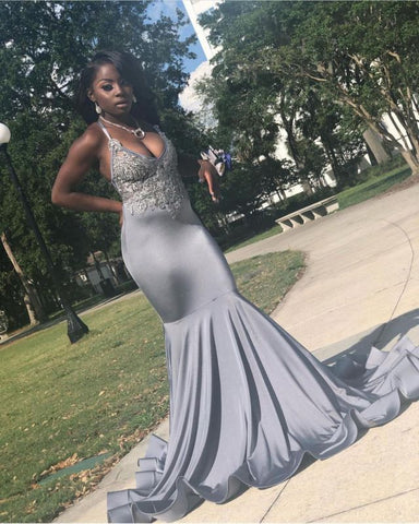 Women Satin Silver Halter Evening Sheath Dresses Sleeveless Mermaid Pr – luladress