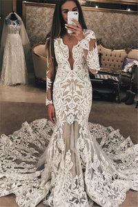 Long Sleeve Unique Lace Wedding Dresses | Mermaid Lace Long Train Bridal Gown,WD21007