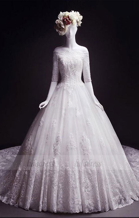 Fashion off-the-shoulder Appliques wedding dresses, classic Half Sleeves bride Dress,BD98323