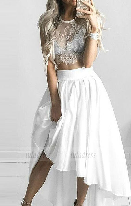 Short Princess Prom Dresses, White Sleeves With Lace High-Low Prom Dresses,BD98170