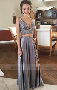 Sexy Two Piece Prom Dress,Beaded Silver Graduation Dress,Two Piece Slit Prom Party Dress,BD99043