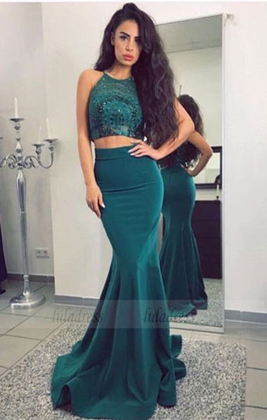 Two-Piece Satin Prom Dress with Beaded Top,Mermaid Long Evening Dress,BD99007