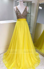 Yellow v neck chiffon beaded long prom dress, yellow evening dress