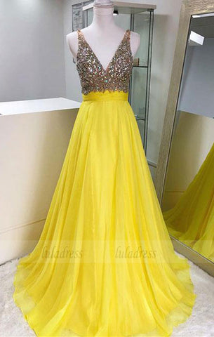 Yellow v neck chiffon beaded long prom dress, yellow evening dress,BD98200