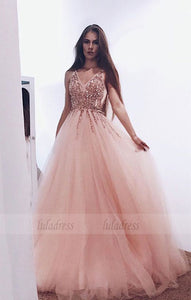 unique long prom dresses, v neck beading prom dresses, elegant tulle party dresses,BD98712