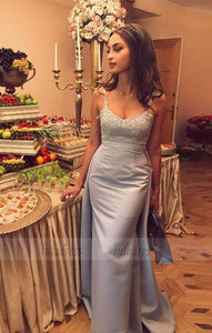elegant spaghetti strap gray satin mermaid prom dress with lace appliques,BD98628