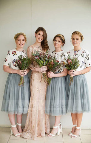 Tulle Bridesmaid Dresses With Floral, Bridesmaid Dresses with Short-Sleeves, Elegant Bridesmaid Dress,BD98128