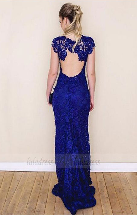 simple v neck cap sleeves evening gowns,unique open back lace party dresses