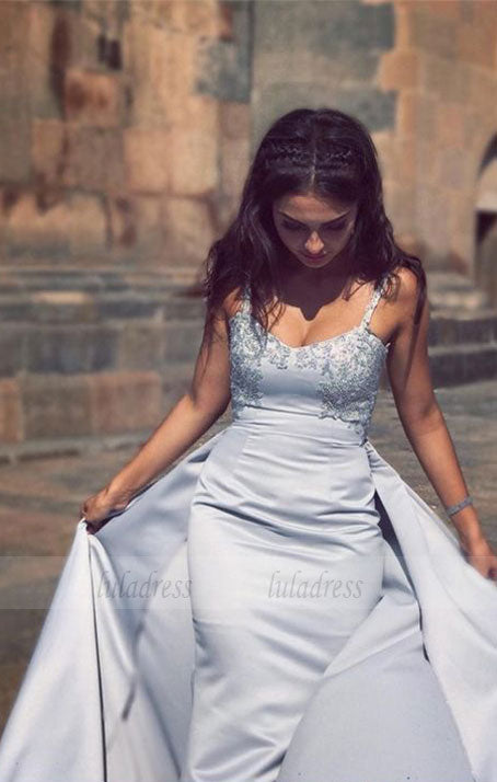 elegant spaghetti strap gray satin mermaid prom dress with lace appliques