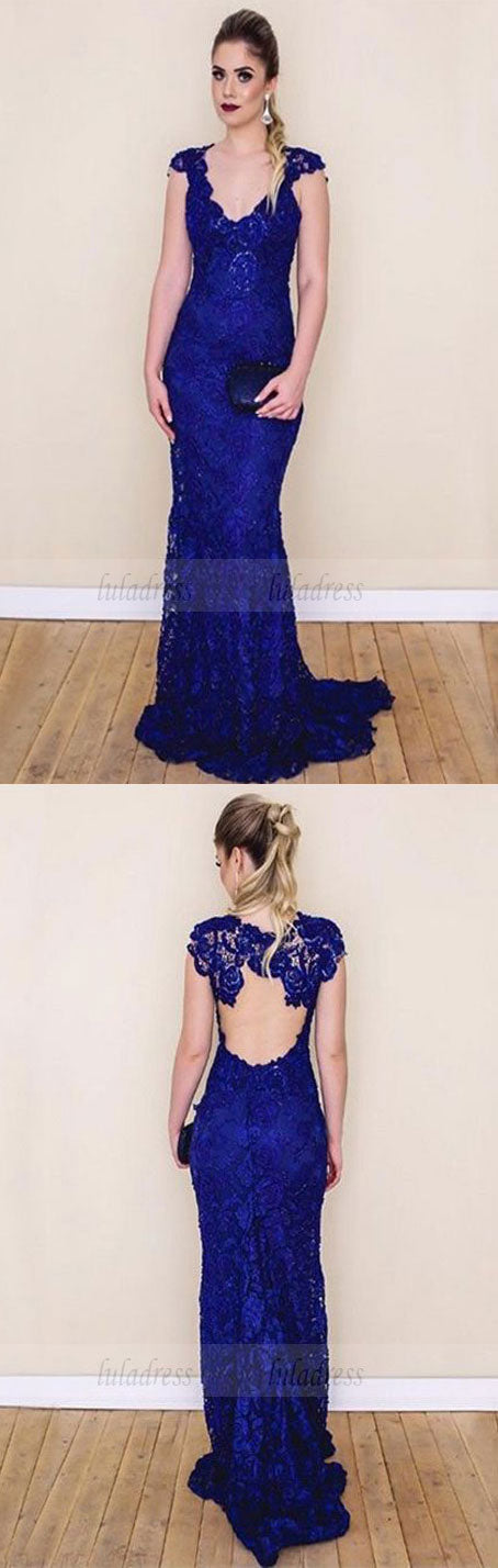 simple v neck cap sleeves evening gowns,unique open back lace party dresses