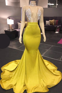 Sexy Yellow Halter Backless Prom Dresses Long Mermaid With Crystals,PD21081