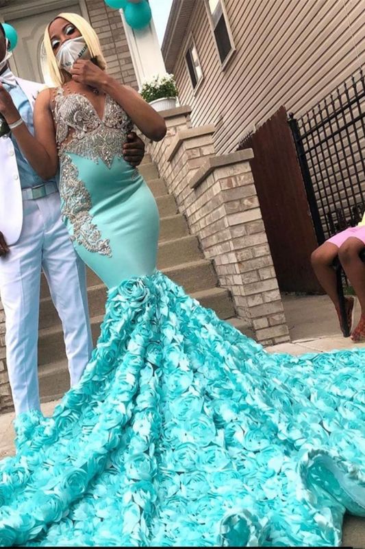 Affordable Sleeveless Ocean Blue Floral Mermaid Prom Dresses With Appliques,PD21018