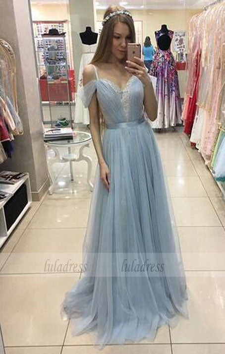 A-line Sweep Train Baby Blue Formal Dress Cap Sleeves Beautiful Straps Tulle Prom Dress,BD99260