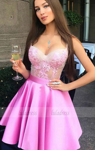 A-Line Spaghetti Straps Above-Knee Pink Prom Homecoming Dress with Appliques,BD99505