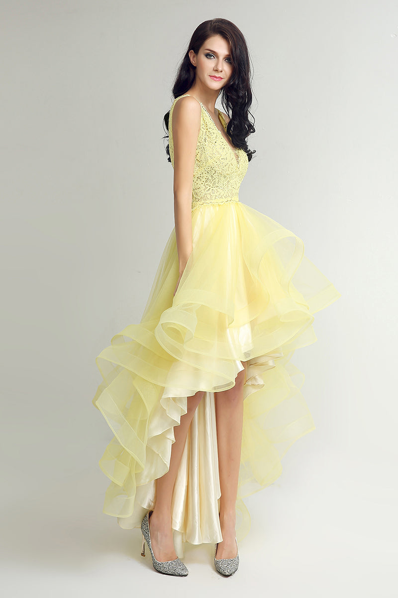 Bright Yellow High Low V-neck Chic Prom Dress