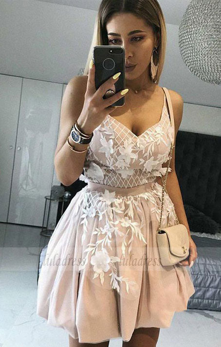 A-Line Spaghetti Straps Short Blush Homecoming Dress with Appliques