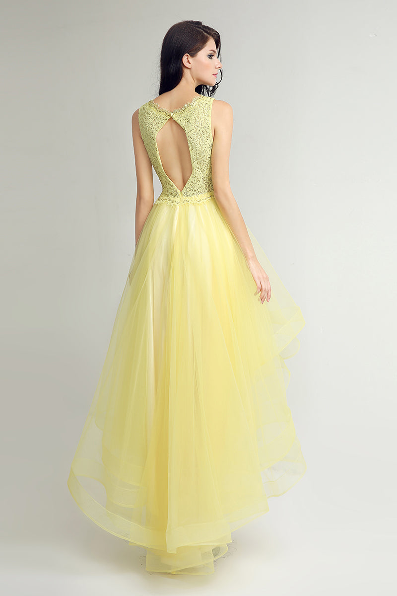 Bright Yellow High Low V-neck Chic Prom Dress