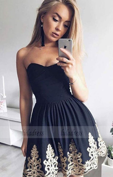 A-Line Sweetheart Short Black Homecoming Dress with Appliques Pleats,BD99507