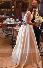 V-neck Long Satin Prom Dresses Open Back Evening Gowns