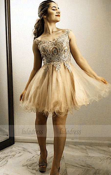 Gold Lace Embroidery Homecoming Dresses Off Shoulder Prom Cocktail Dress
