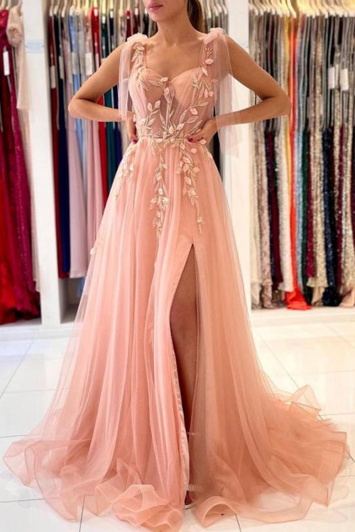Princess Tulle Coral Pink Split Appliques Lace A-Line Prom Dresses – luladress