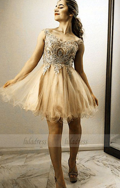 Gold Lace Embroidery Homecoming Dresses Off Shoulder Prom Cocktail Dress,BD99573
