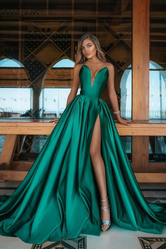 Elegant V Neck Jade Green Front-Split Ruffles Prom Dresses,PD21048